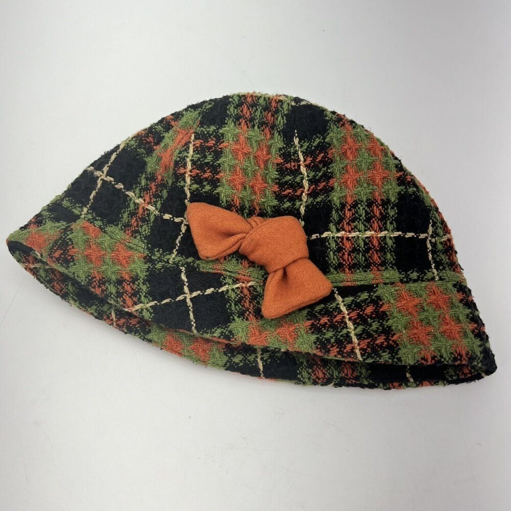 Kate Landry Wool Blend Bucket Hat Plaid With Bow